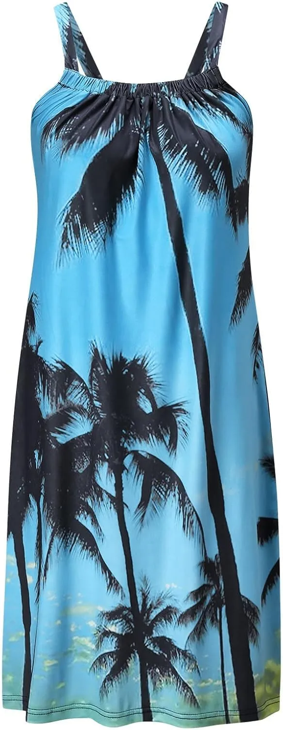 tuduoms Summer Women's Tropical Print Sundress Sleeveless Flowy Mini Beach Dress Casual Empire Waist Strappy Shift Dresses