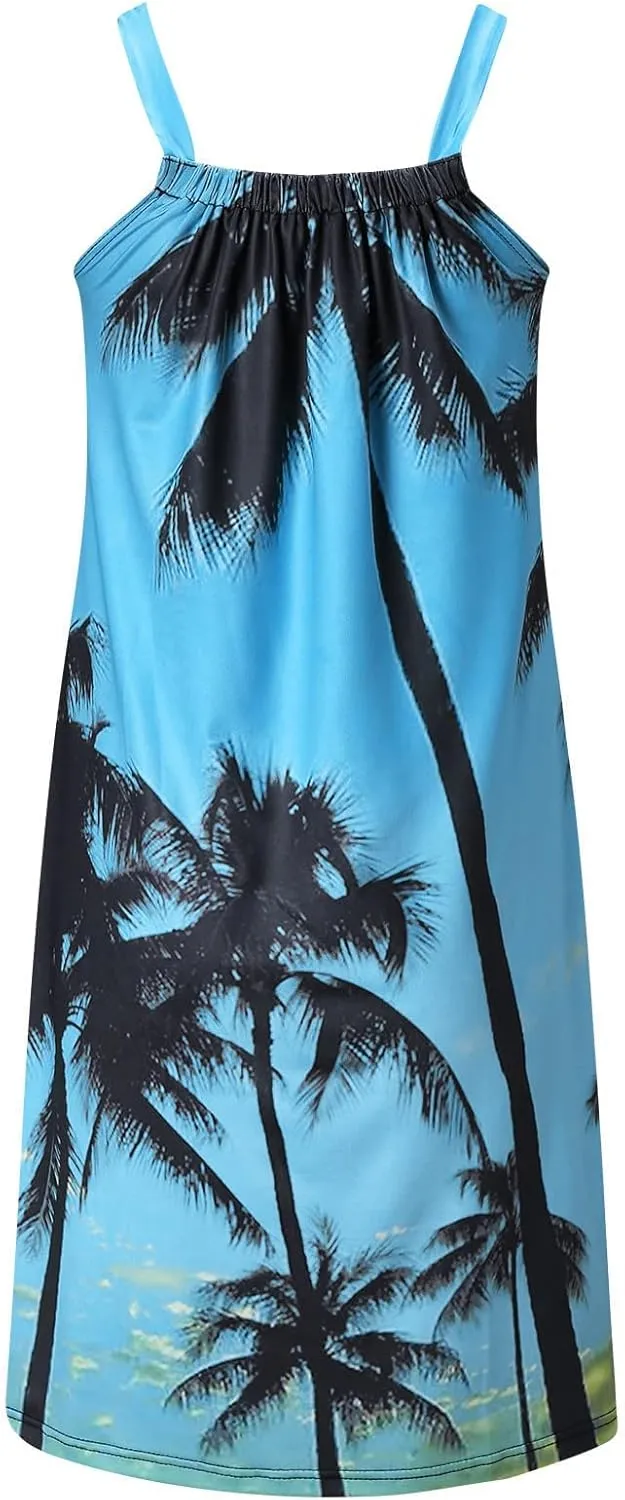tuduoms Summer Women's Tropical Print Sundress Sleeveless Flowy Mini Beach Dress Casual Empire Waist Strappy Shift Dresses