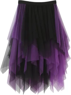 Tulle Midi Skirts for Women High Waisted Flowy Swing A Line Patchwork Asymmetrical Tiered Skirt