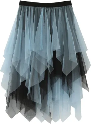 Tulle Midi Skirts for Women High Waisted Flowy Swing A Line Patchwork Asymmetrical Tiered Skirt