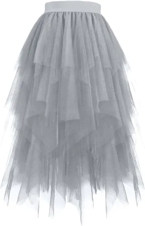 Tulle Skirts for Women Mesh Tiered Layered Asymmetrical Hem High Low Elastic High Waist Prom Party Tutu Midi Skirt