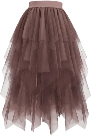 Tulle Skirts for Women Mesh Tiered Layered Asymmetrical Hem High Low Elastic High Waist Prom Party Tutu Midi Skirt