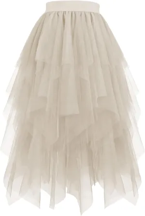 Tulle Skirts for Women Mesh Tiered Layered Asymmetrical Hem High Low Elastic High Waist Prom Party Tutu Midi Skirt