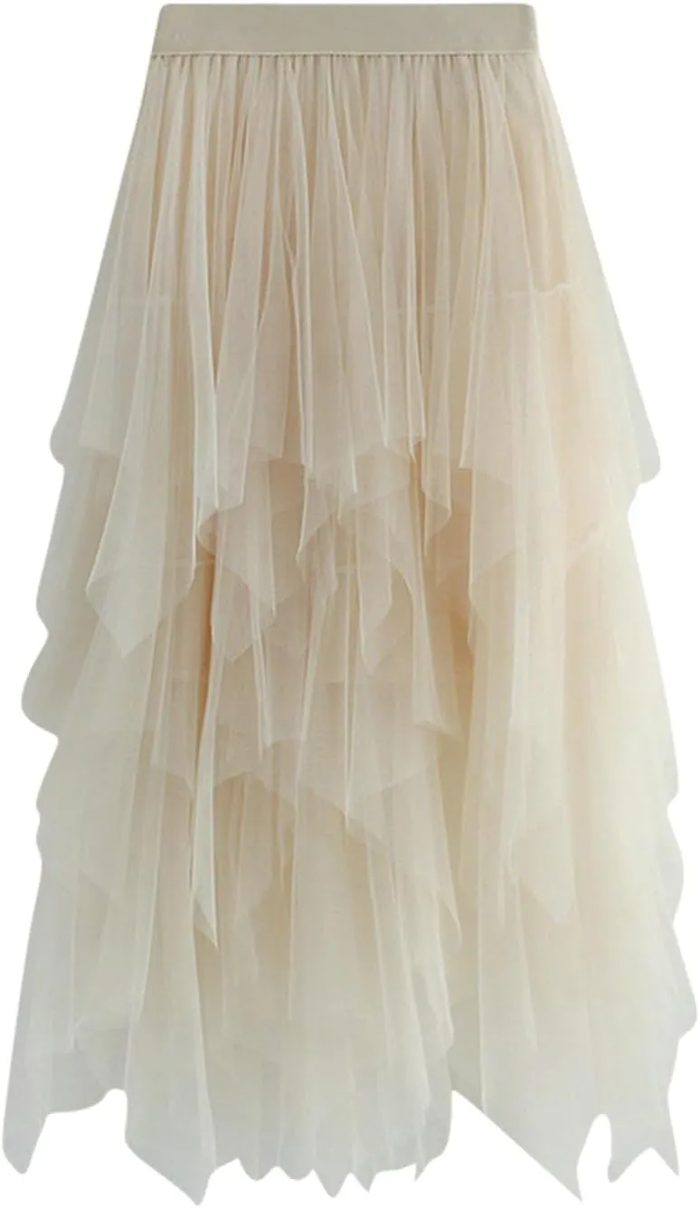 Tutu Skirts for Women Trendy High Low Asymmetrical Layered Tulle Skirt Elastic Waist Midi Skirt Ruffle Fairy Skirt