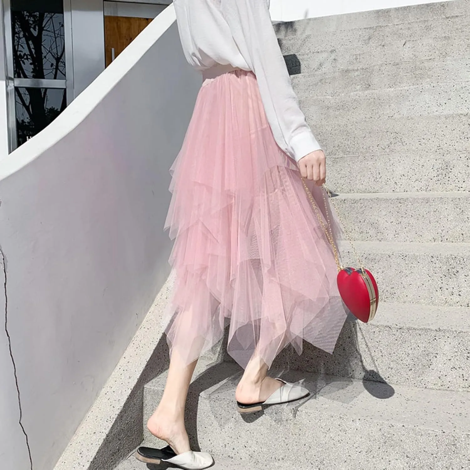 Tutu Skirts for Women Trendy High Low Asymmetrical Layered Tulle Skirt Elastic Waist Midi Skirt Ruffle Fairy Skirt