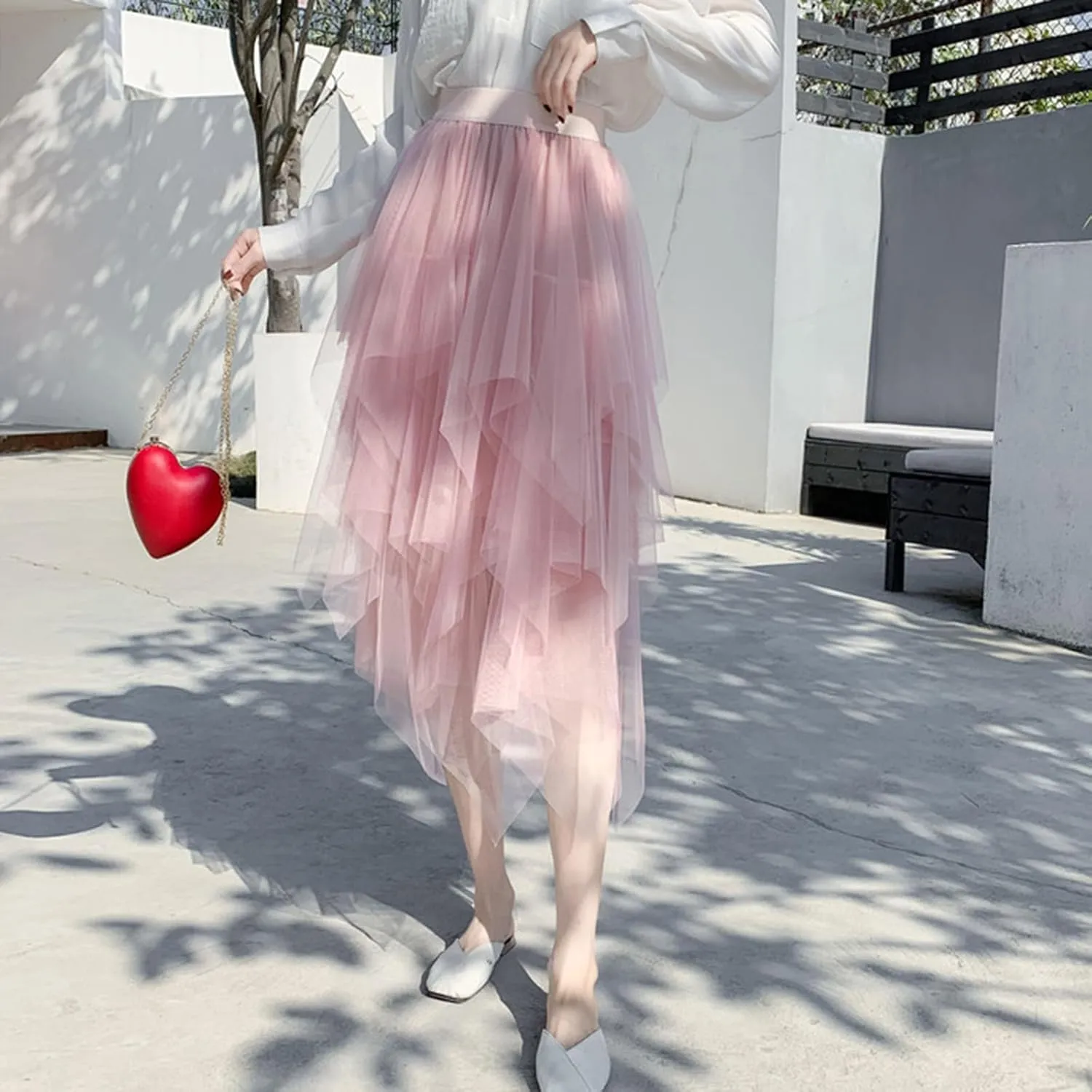 Tutu Skirts for Women Trendy High Low Asymmetrical Layered Tulle Skirt Elastic Waist Midi Skirt Ruffle Fairy Skirt