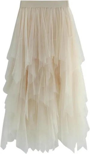 Tutu Skirts for Women Trendy High Low Asymmetrical Layered Tulle Skirt Elastic Waist Midi Skirt Ruffle Fairy Skirt