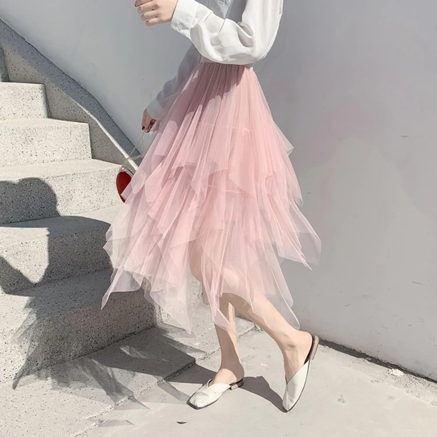 Tutu Skirts for Women Trendy High Low Asymmetrical Layered Tulle Skirt Elastic Waist Midi Skirt Ruffle Fairy Skirt