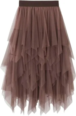 Tutu Skirts for Women Trendy High Low Asymmetrical Layered Tulle Skirt Elastic Waist Midi Skirt Ruffle Fairy Skirt