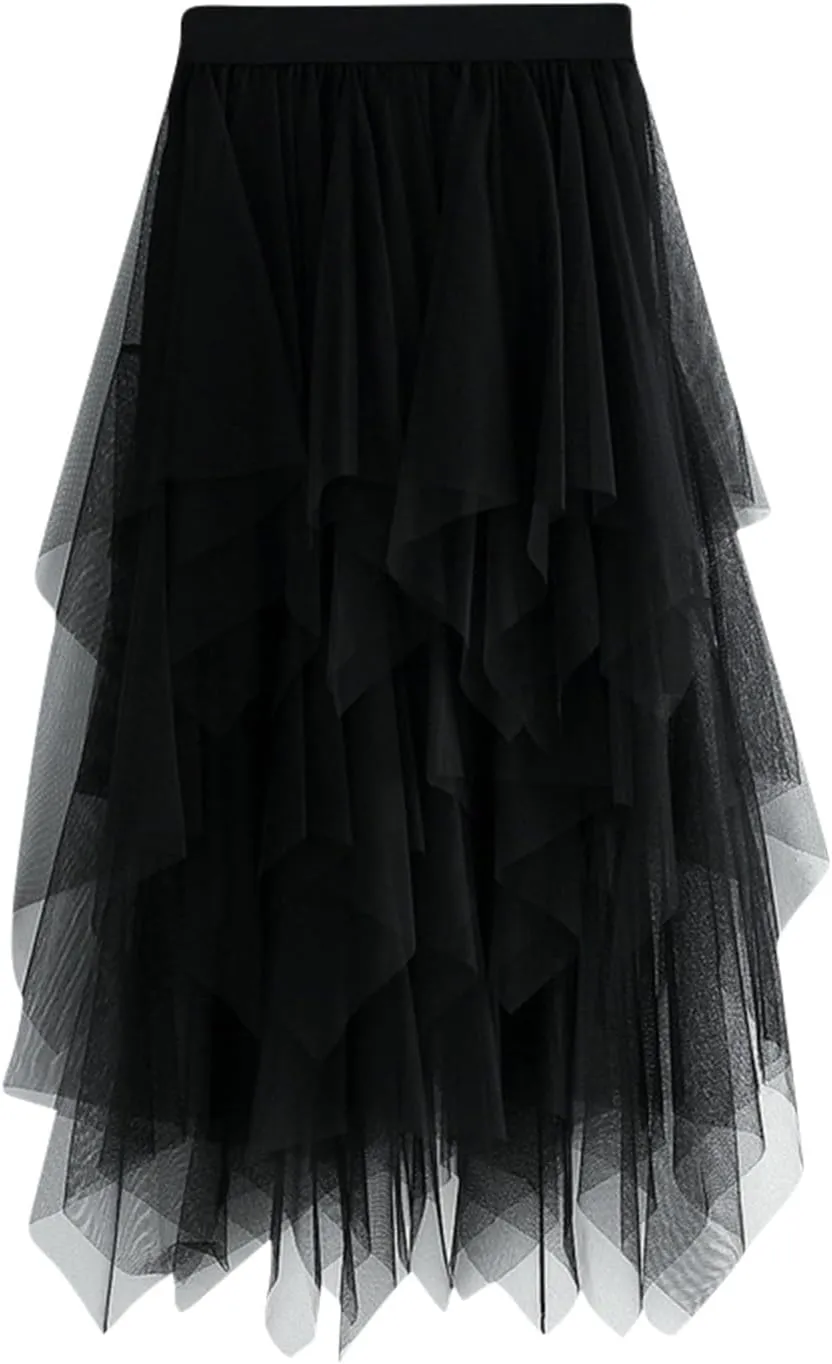 Tutu Skirts for Women Trendy High Low Asymmetrical Layered Tulle Skirt Elastic Waist Midi Skirt Ruffle Fairy Skirt