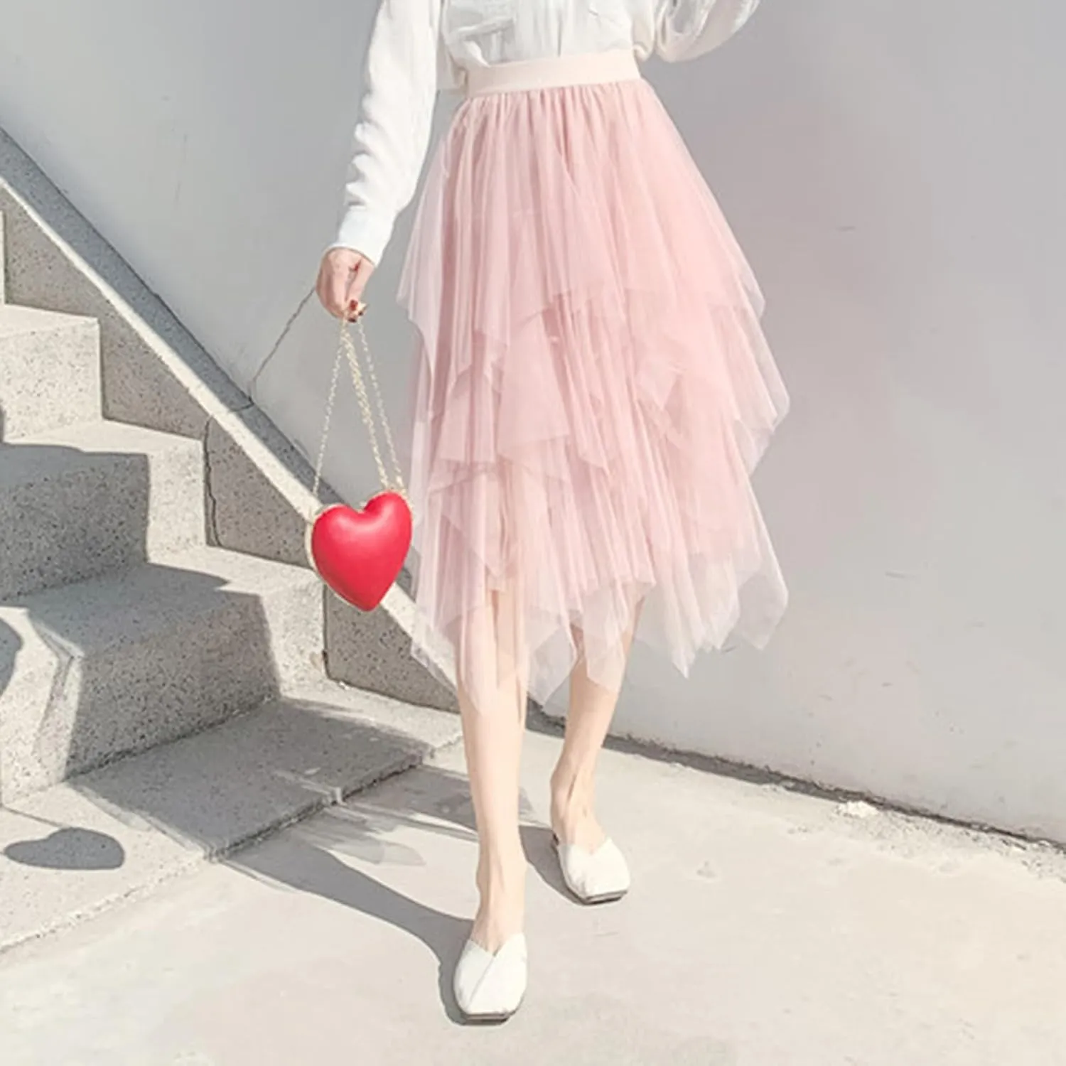 Tutu Skirts for Women Trendy High Low Asymmetrical Layered Tulle Skirt Elastic Waist Midi Skirt Ruffle Fairy Skirt