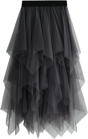 Tutu Skirts for Women Trendy High Low Asymmetrical Layered Tulle Skirt Elastic Waist Midi Skirt Ruffle Fairy Skirt