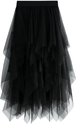 Tutu Skirts for Women Trendy High Low Asymmetrical Layered Tulle Skirt Elastic Waist Midi Skirt Ruffle Fairy Skirt