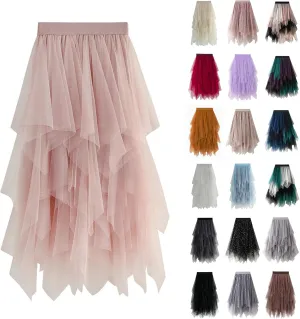 Tutu Skirts for Women Trendy High Low Asymmetrical Layered Tulle Skirt Elastic Waist Midi Skirt Ruffle Fairy Skirt
