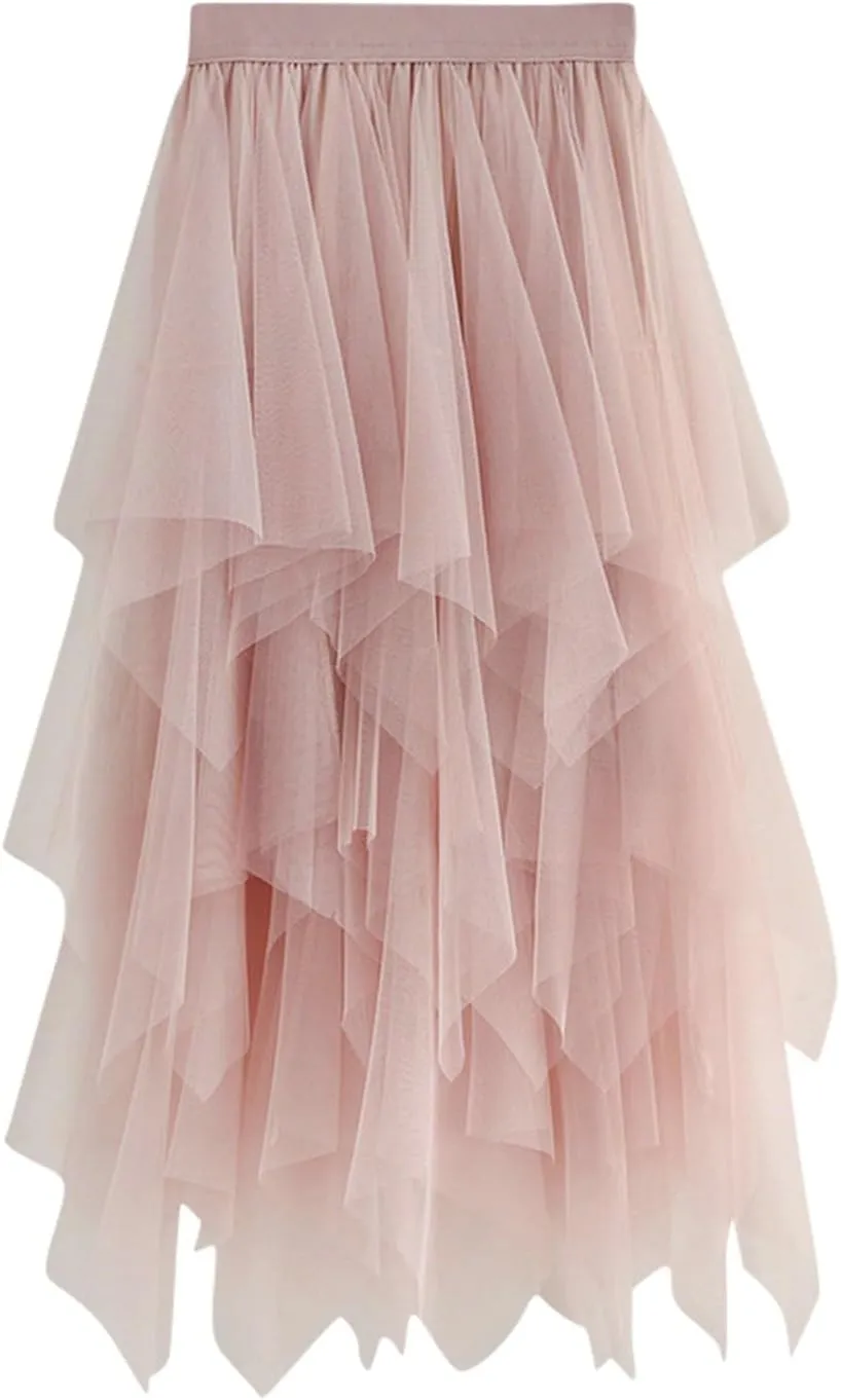 Tutu Skirts for Women Trendy High Low Asymmetrical Layered Tulle Skirt Elastic Waist Midi Skirt Ruffle Fairy Skirt