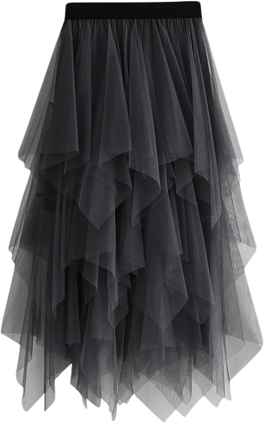 Tutu Skirts for Women Trendy High Low Asymmetrical Layered Tulle Skirt Elastic Waist Midi Skirt Ruffle Fairy Skirt
