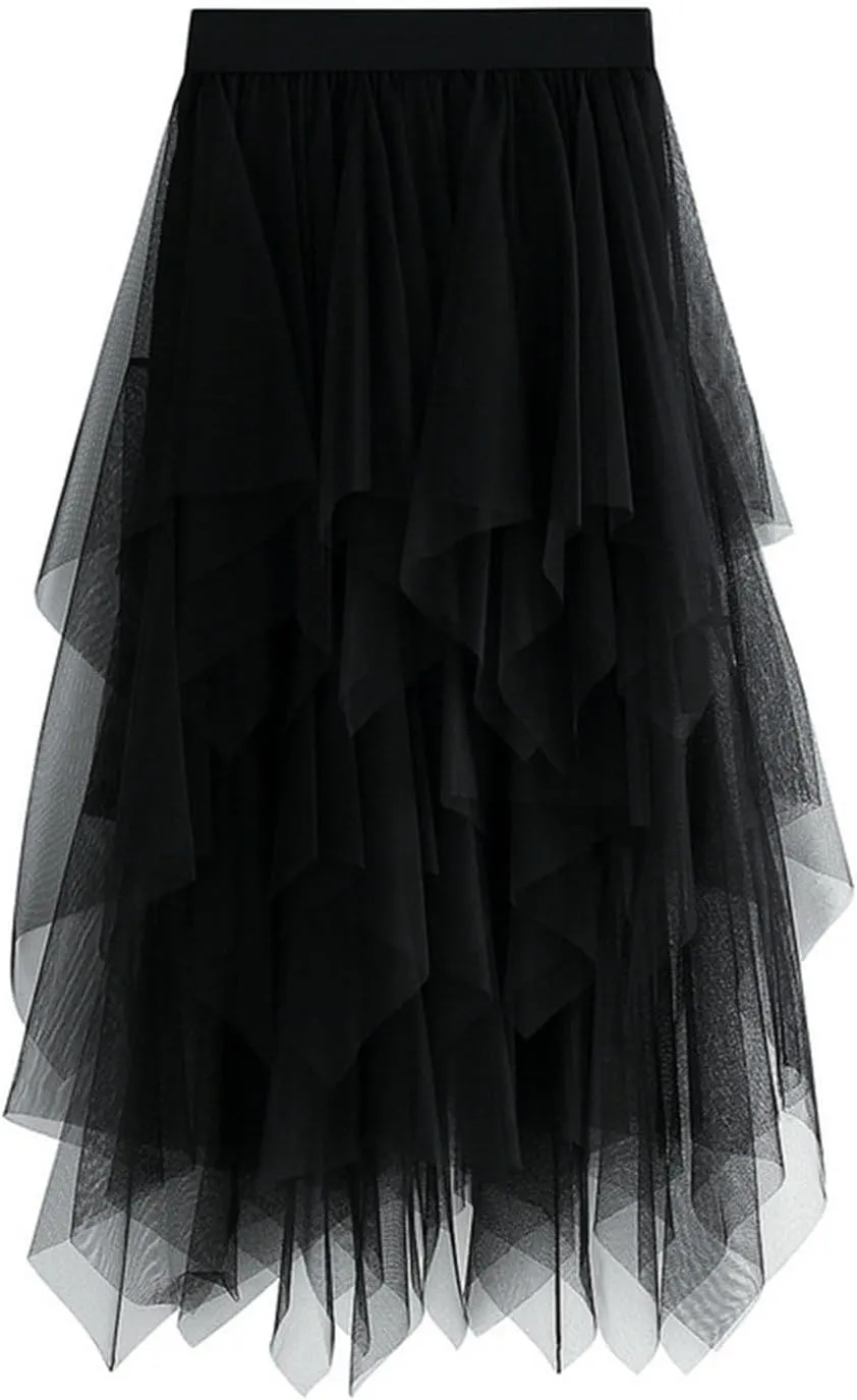 Tutu Skirts for Women Trendy High Low Asymmetrical Layered Tulle Skirt Elastic Waist Midi Skirt Ruffle Fairy Skirt