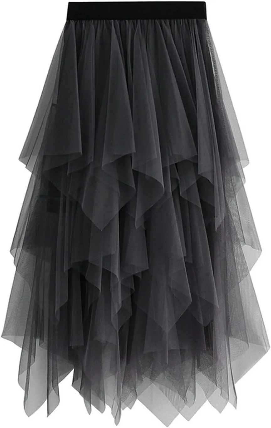 Tutu Skirts for Women Trendy High Low Asymmetrical Layered Tulle Skirt Elastic Waist Midi Skirt Ruffle Fairy Skirt