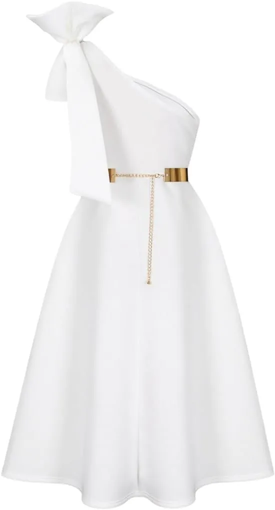 Useagrey Women Cocktail Formal Dress Gown Evening Dress Sexy Bow One Shoulder Midi Dresses