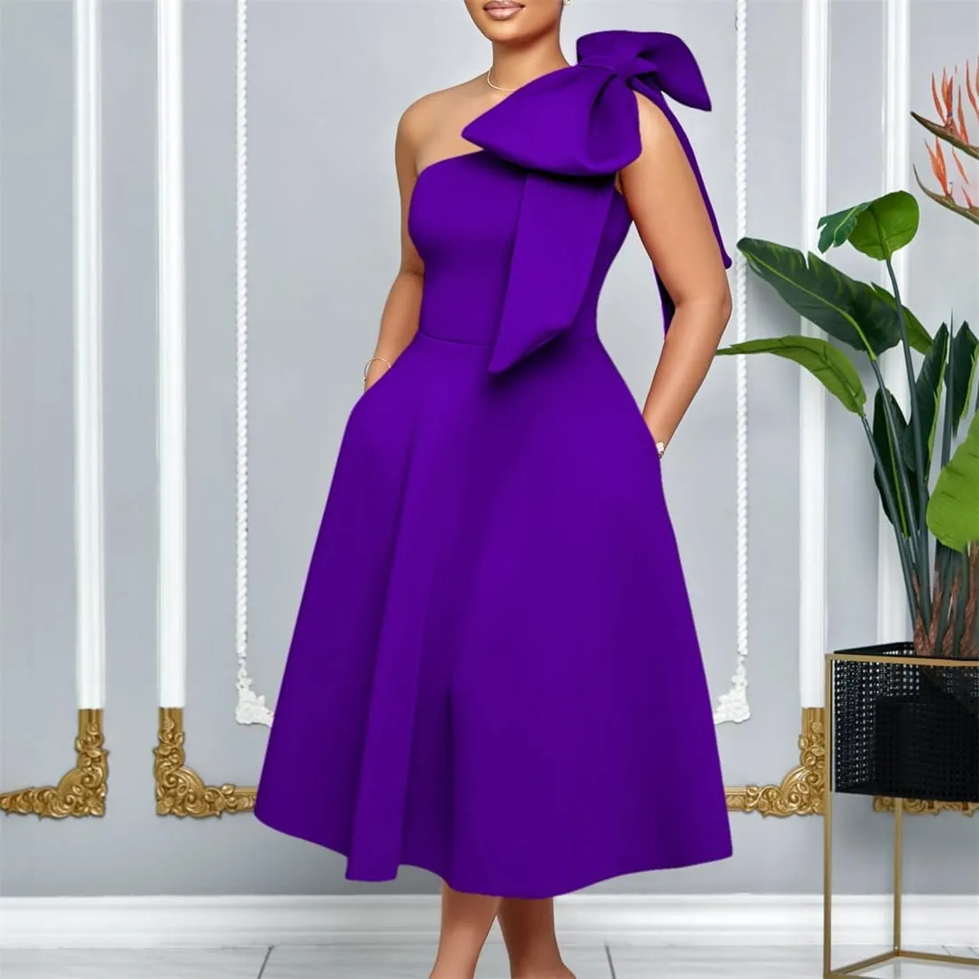 Useagrey Women Cocktail Formal Dress Gown Evening Dress Sexy Bow One Shoulder Midi Dresses