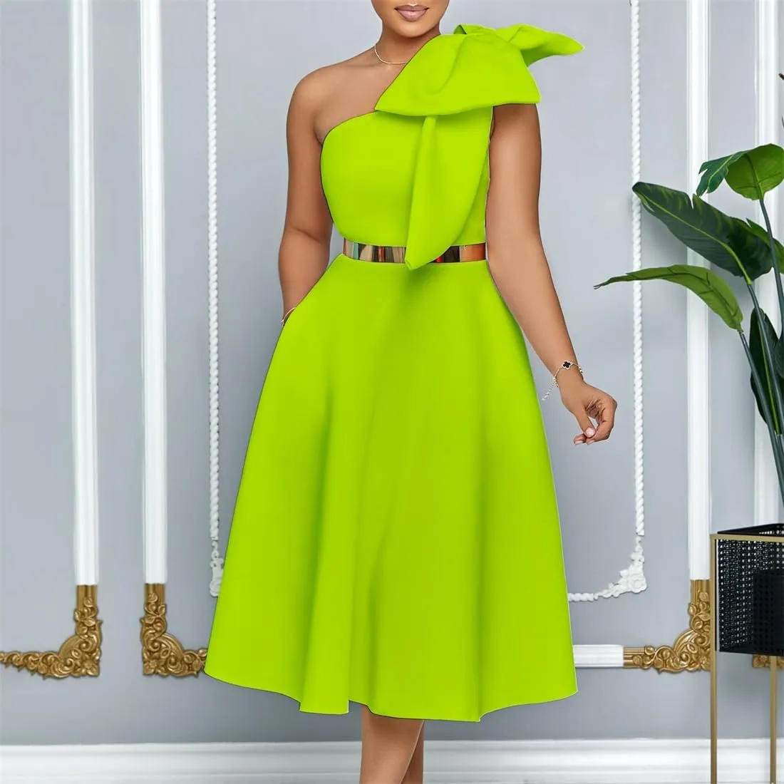 Useagrey Women Cocktail Formal Dress Gown Evening Dress Sexy Bow One Shoulder Midi Dresses