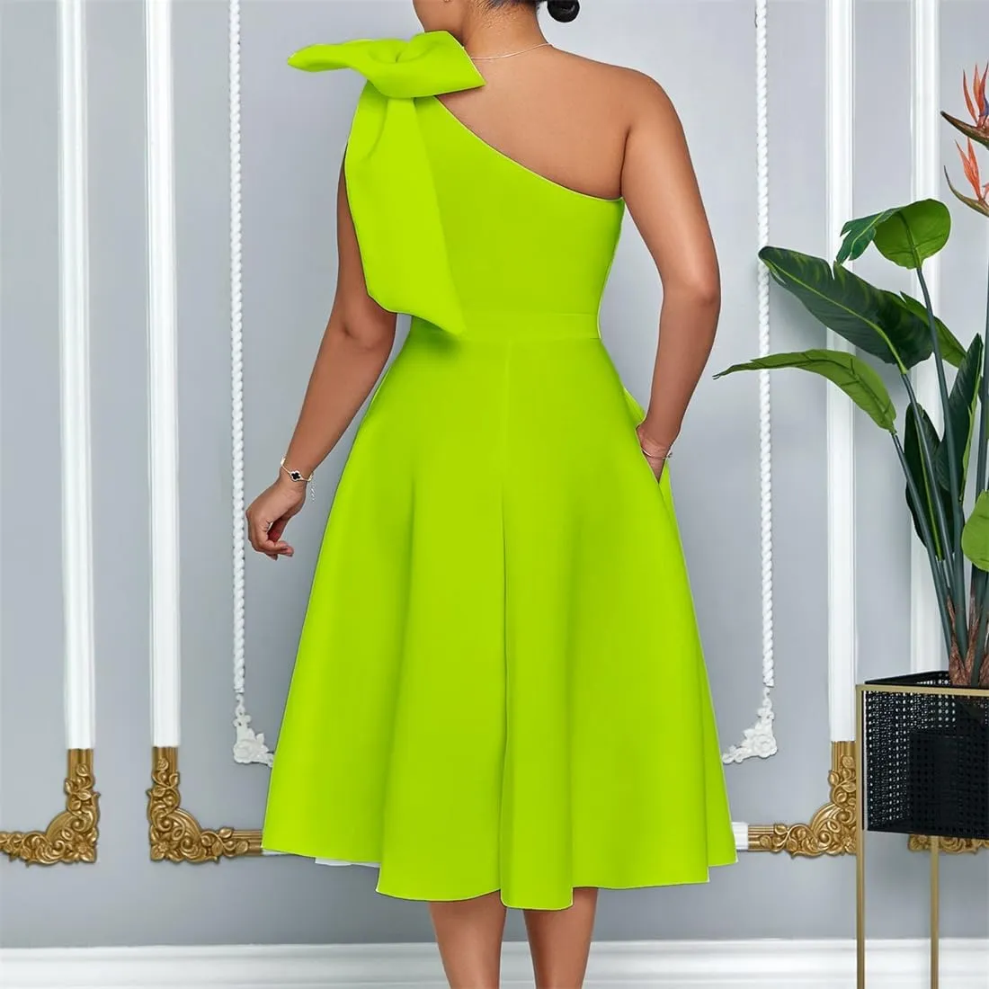 Useagrey Women Cocktail Formal Dress Gown Evening Dress Sexy Bow One Shoulder Midi Dresses