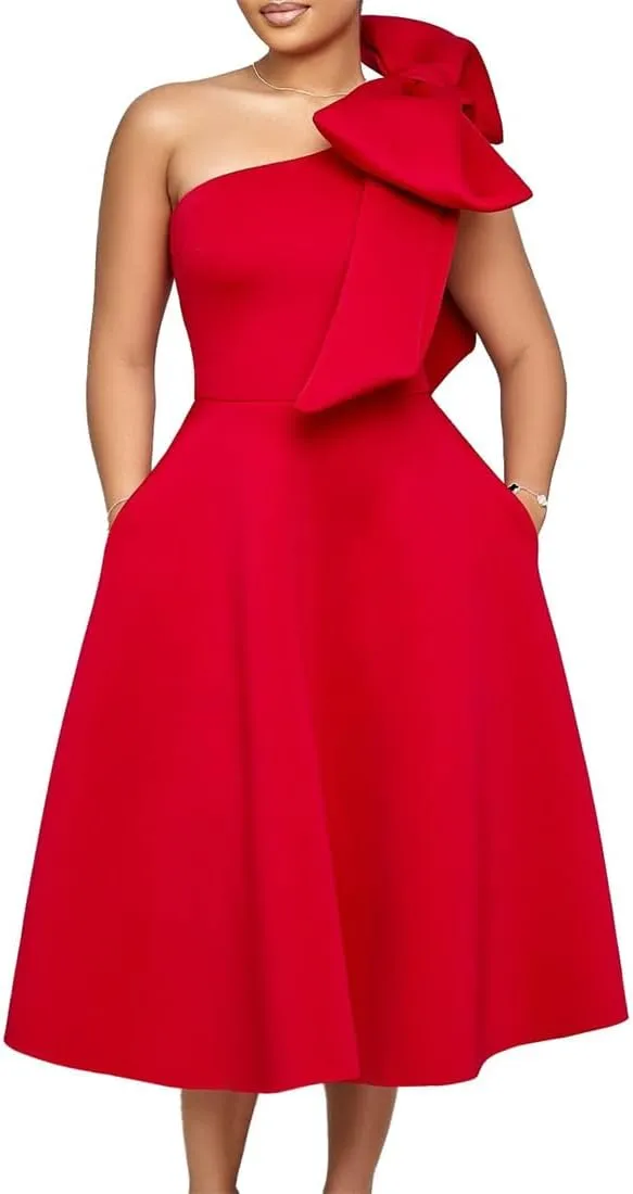 Useagrey Women Cocktail Formal Dress Gown Evening Dress Sexy Bow One Shoulder Midi Dresses