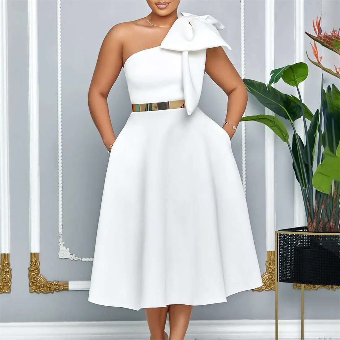 Useagrey Women Cocktail Formal Dress Gown Evening Dress Sexy Bow One Shoulder Midi Dresses