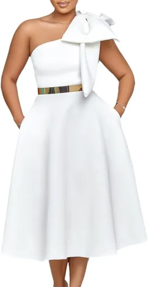 Useagrey Women Cocktail Formal Dress Gown Evening Dress Sexy Bow One Shoulder Midi Dresses