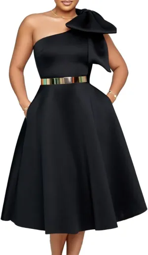 Useagrey Women Cocktail Formal Dress Gown Evening Dress Sexy Bow One Shoulder Midi Dresses