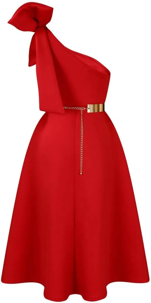 Useagrey Women Cocktail Formal Dress Gown Evening Dress Sexy Bow One Shoulder Midi Dresses