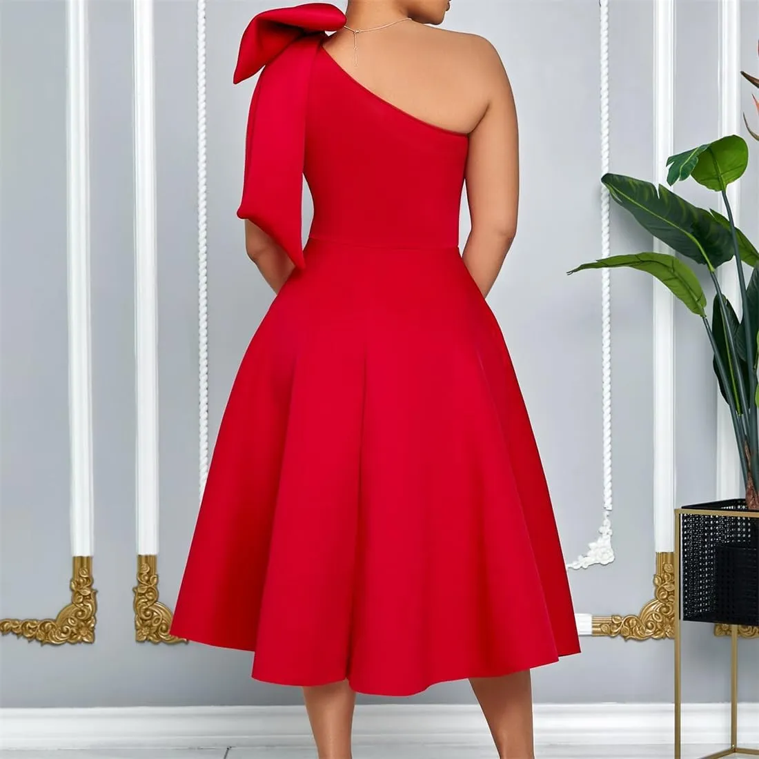 Useagrey Women Cocktail Formal Dress Gown Evening Dress Sexy Bow One Shoulder Midi Dresses
