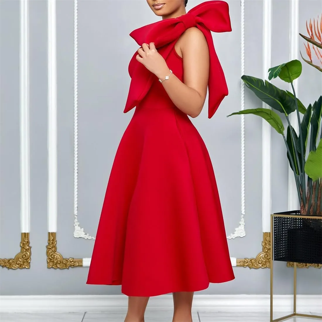 Useagrey Women Cocktail Formal Dress Gown Evening Dress Sexy Bow One Shoulder Midi Dresses