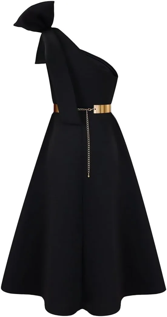 Useagrey Women Cocktail Formal Dress Gown Evening Dress Sexy Bow One Shoulder Midi Dresses