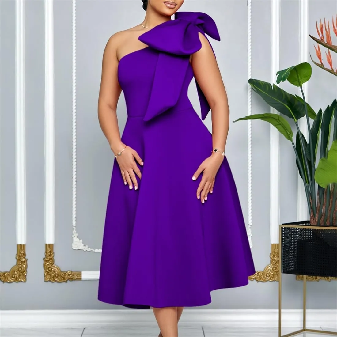 Useagrey Women Cocktail Formal Dress Gown Evening Dress Sexy Bow One Shoulder Midi Dresses
