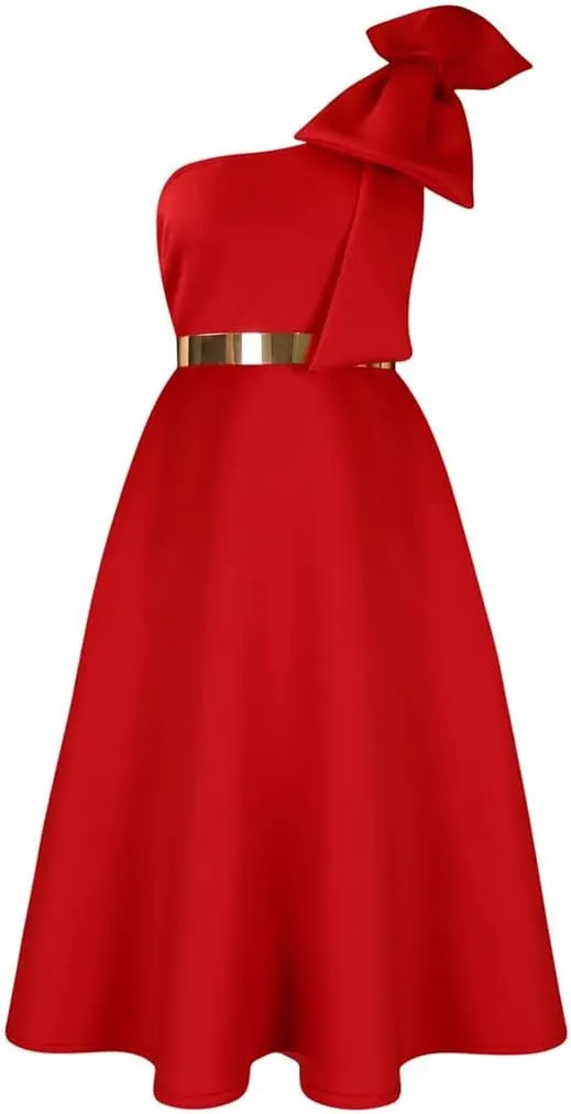 Useagrey Women Cocktail Formal Dress Gown Evening Dress Sexy Bow One Shoulder Midi Dresses