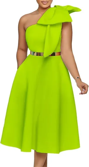Useagrey Women Cocktail Formal Dress Gown Evening Dress Sexy Bow One Shoulder Midi Dresses