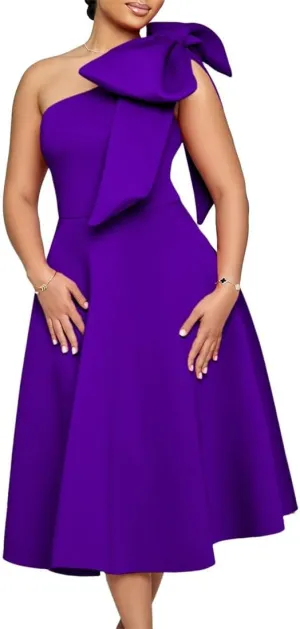 Useagrey Women Cocktail Formal Dress Gown Evening Dress Sexy Bow One Shoulder Midi Dresses