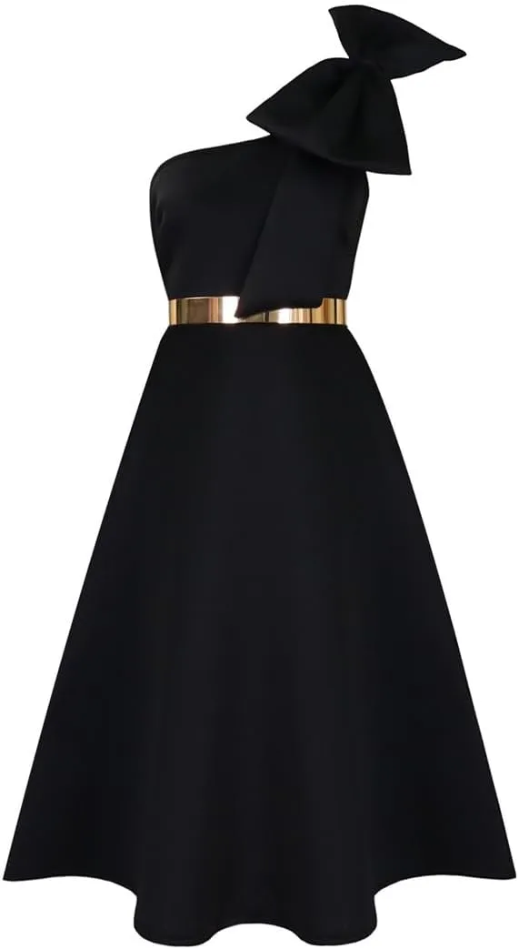 Useagrey Women Cocktail Formal Dress Gown Evening Dress Sexy Bow One Shoulder Midi Dresses