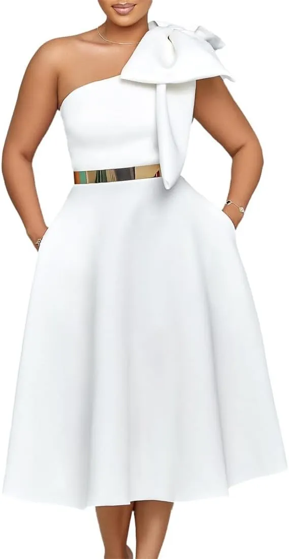 Useagrey Women Cocktail Formal Dress Gown Evening Dress Sexy Bow One Shoulder Midi Dresses