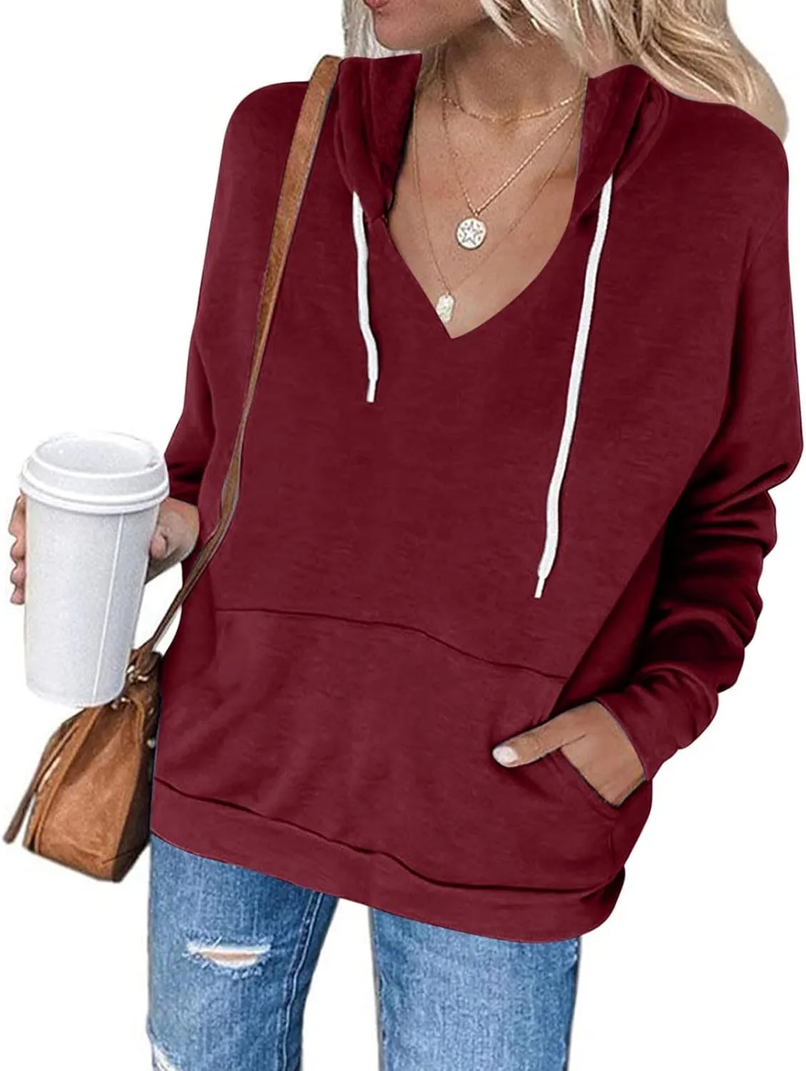 V Neck Hoodie for Women Loose Fit Lounge Long Sleeve Fleece Sweatshirt Pocket Drawstring Slouchy 2024 Fall Pullover