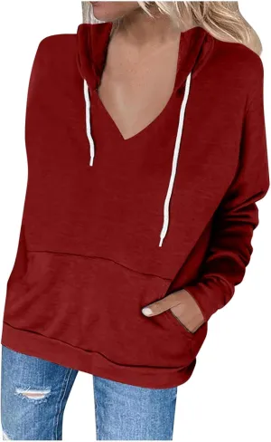 V Neck Hoodie for Women Loose Fit Lounge Long Sleeve Fleece Sweatshirt Pocket Drawstring Slouchy 2024 Fall Pullover