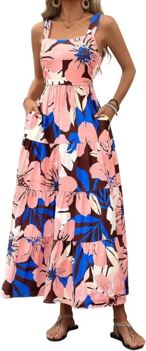 Vacation Dresses for Women Summer Floral Sleeveless Smocked Maxi Dress Boho Square Neck A Line Beach Long Sundress
