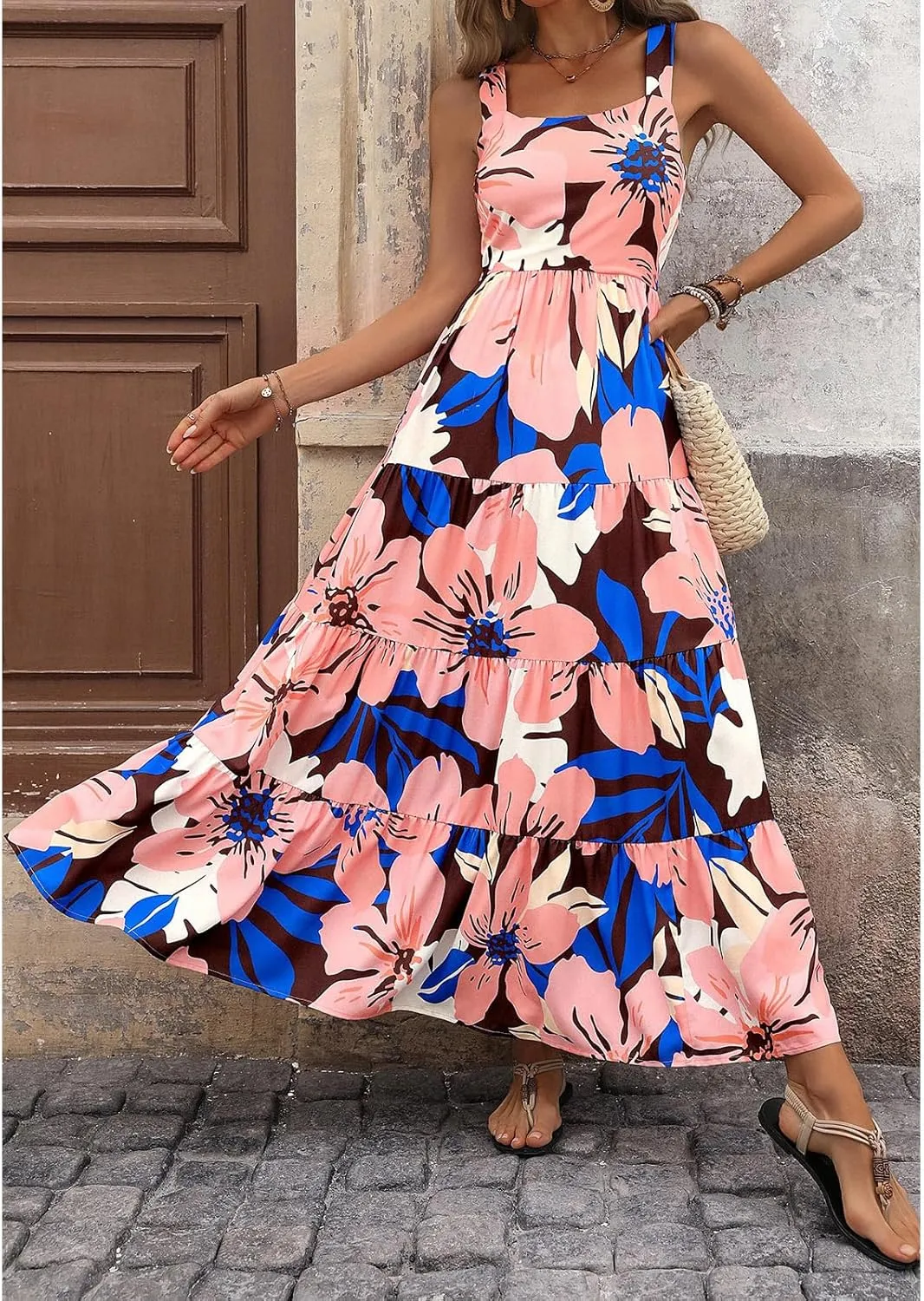 Vacation Dresses for Women Summer Floral Sleeveless Smocked Maxi Dress Boho Square Neck A Line Beach Long Sundress