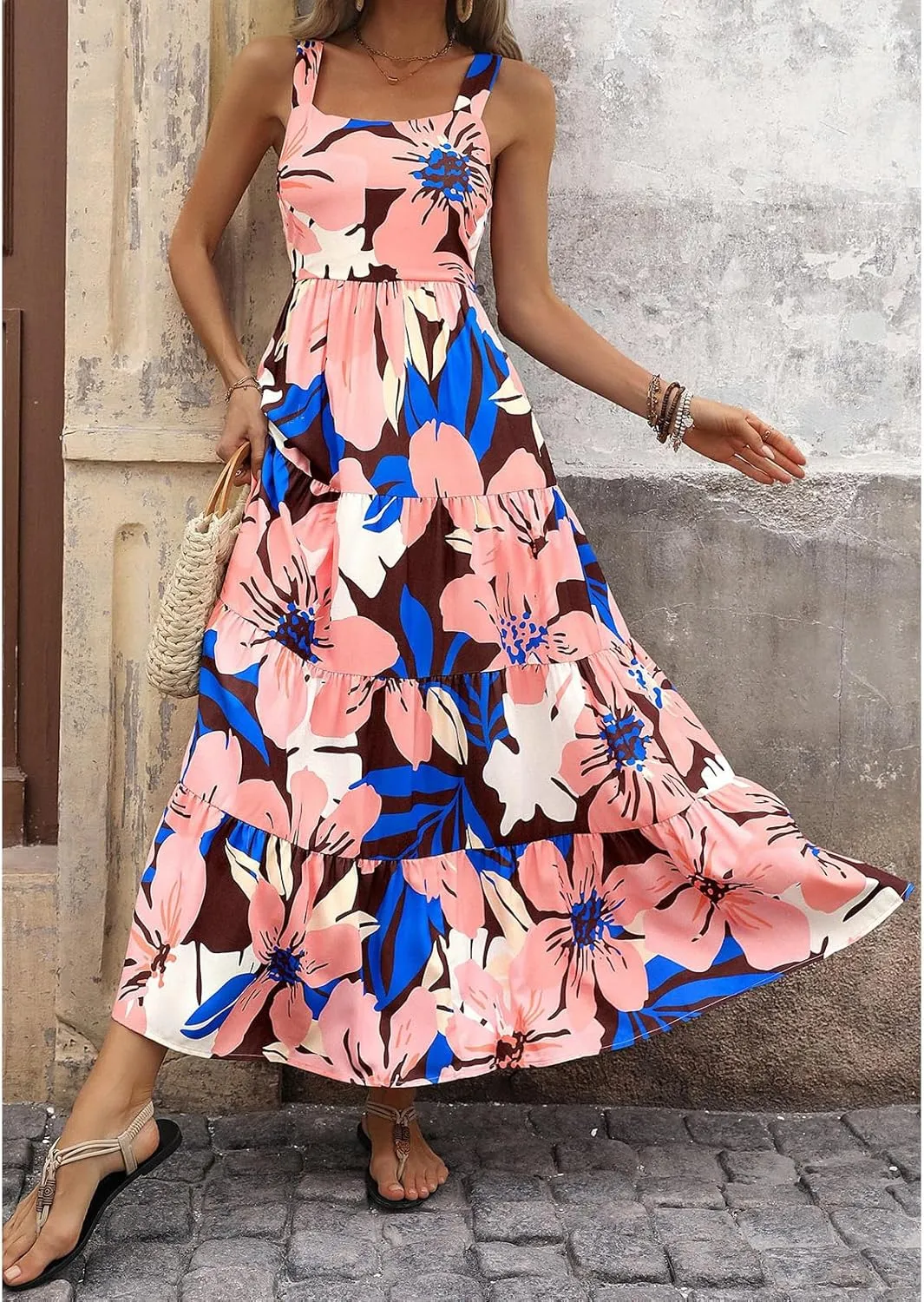 Vacation Dresses for Women Summer Floral Sleeveless Smocked Maxi Dress Boho Square Neck A Line Beach Long Sundress