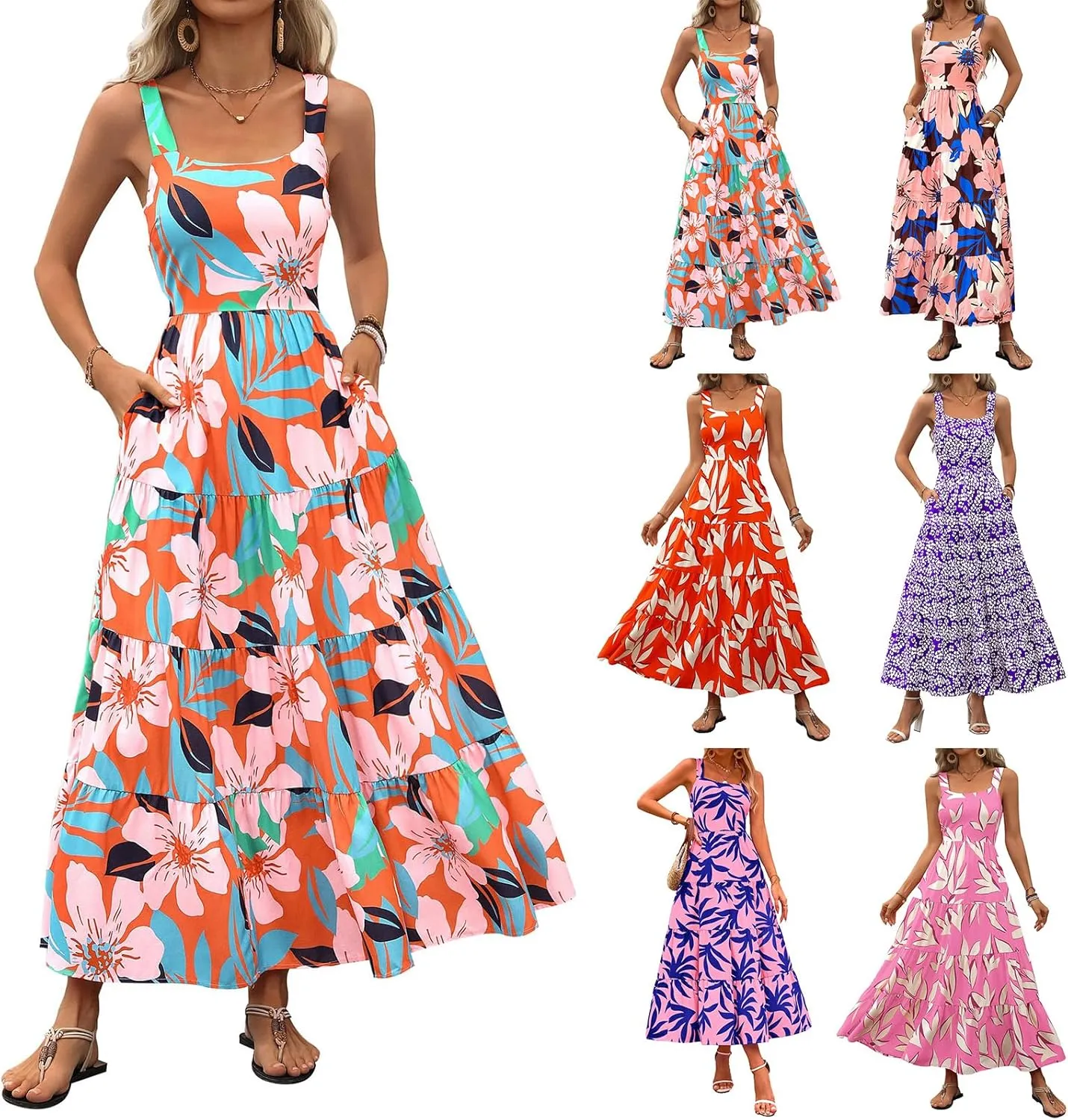 Vacation Dresses for Women Summer Floral Sleeveless Smocked Maxi Dress Boho Square Neck A Line Beach Long Sundress