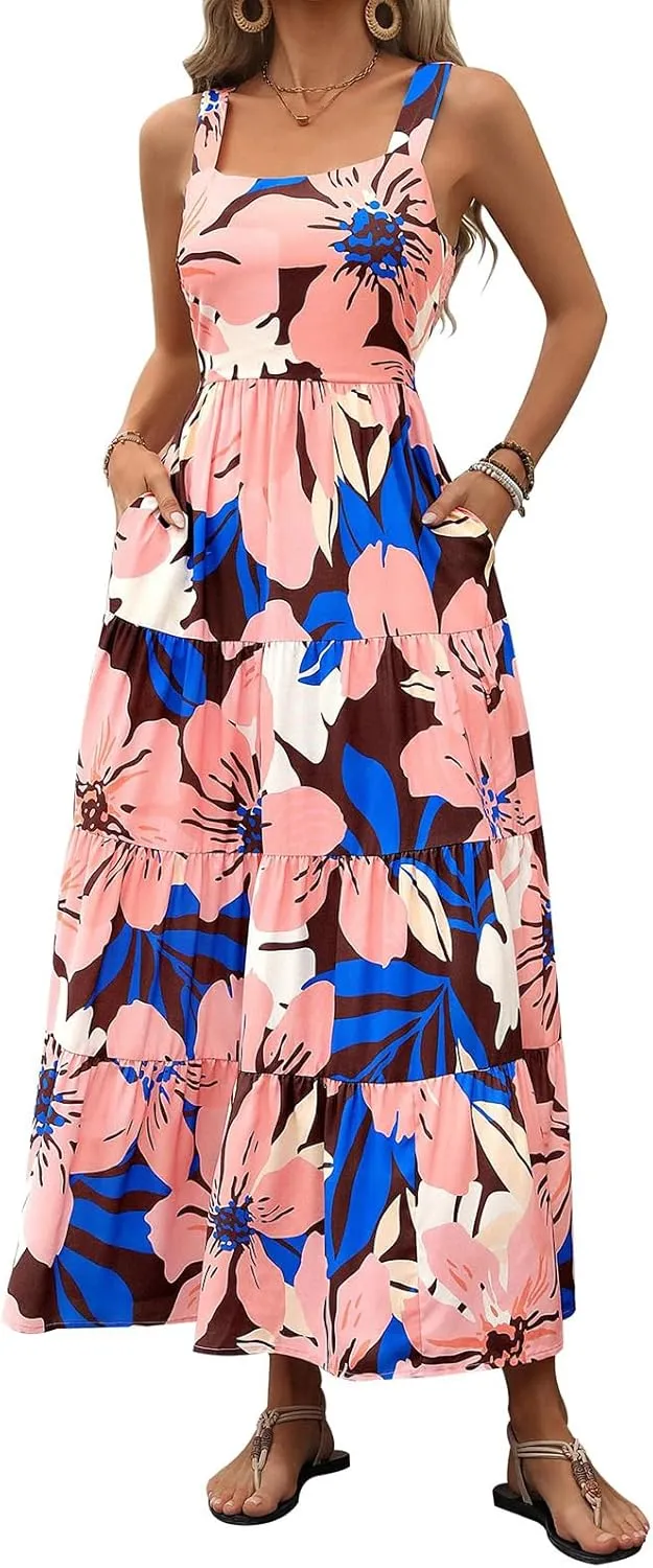 Vacation Dresses for Women Summer Floral Sleeveless Smocked Maxi Dress Boho Square Neck A Line Beach Long Sundress