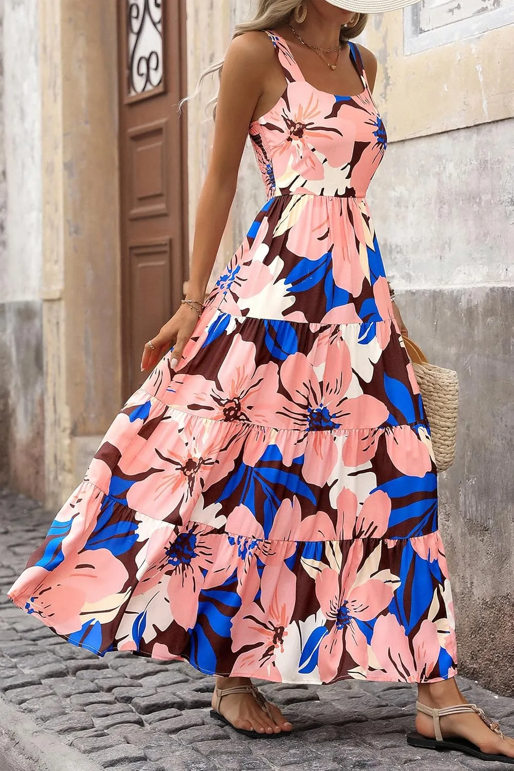 Vacation Dresses for Women Summer Floral Sleeveless Smocked Maxi Dress Boho Square Neck A Line Beach Long Sundress