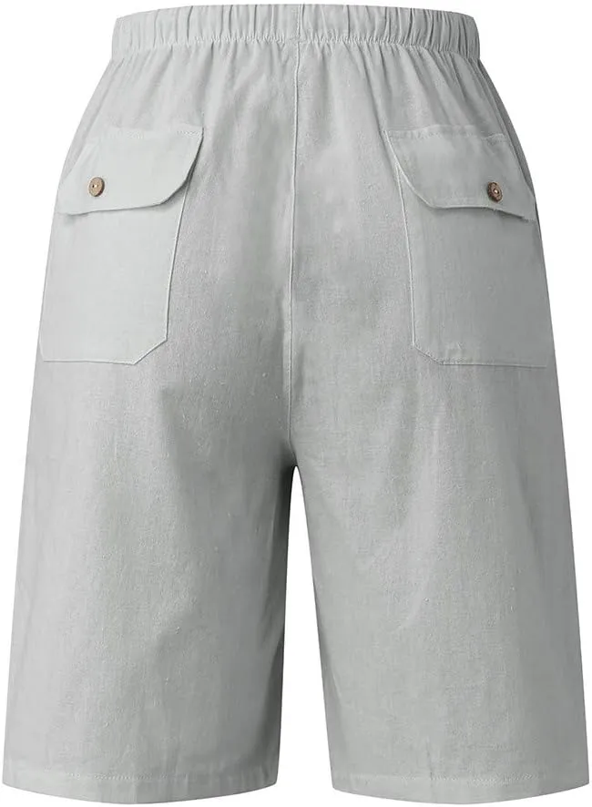 WABEOR Bermuda Shorts for Men Knee Length Cotton Linen Shorts Elastic Waist Beach Long Shorts Comfy Casual Summer Shorts