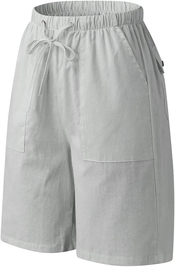 WABEOR Bermuda Shorts for Men Knee Length Cotton Linen Shorts Elastic Waist Beach Long Shorts Comfy Casual Summer Shorts
